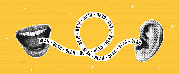 spanduk kolase halftone dengan mulut wanita berbicara ke telinga dan strip dengan teks - bla bla. poster halftone dengan elemen kolase. konsep gosip, rahasia dan komunikasi. vektor. - mulut ilustrasi stok