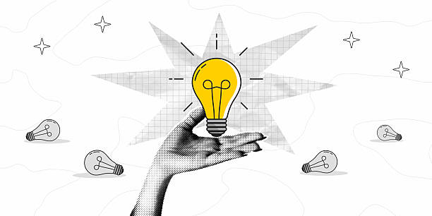 Collage banner with halftone hand holding light bulb. Extinct lightbulbs the ground and one glowing in hand. Concept of choosing successful idea from many failed ones. Collage style poster. Vector.