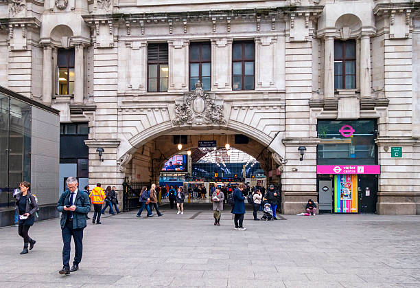 The view inside London’s Victoria Station seen from the concourse outside.