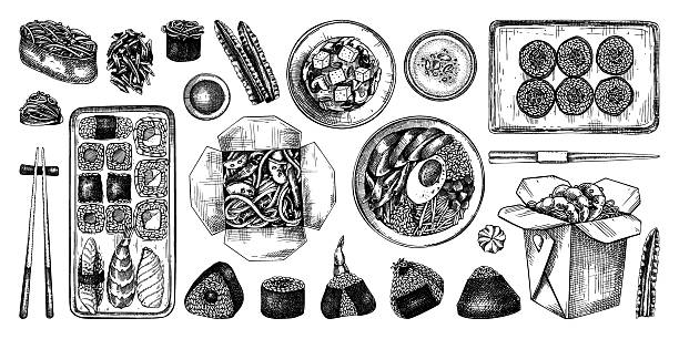 Asian food hand-drawn vector illustrations in engraved style. Japanese cuisine menu design elements. NOT AI generated