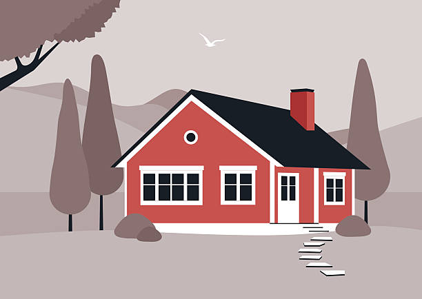 A delightful Scandinavian house stands amidst serene nature, featuring simple lines and a cozy appearance. Soft colors harmonize with the tranquil landscape, creating a peaceful refuge