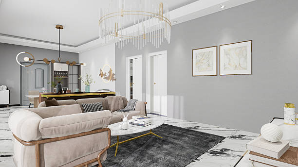 istock Modern living room featuring beige sofas, a marble coffee table, elegant chandeliers, abstract wall art, and a sleek dining area. Neutral tones and minimalist style create a spacious, stylish ambiance. 2207974390