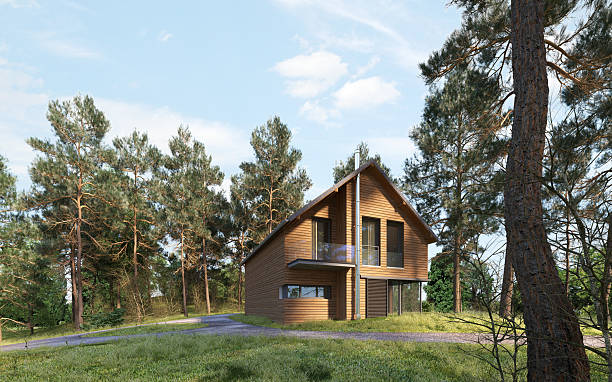 istock Modern wooden house in a forest during the day 2207976396