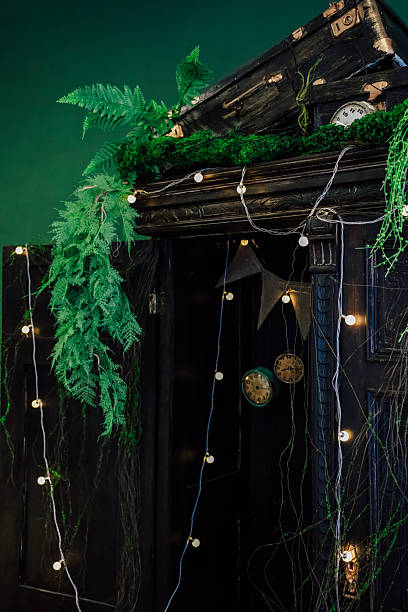 istock Detailed decor featuring greenery and lights around an ornate door against a dark backdrop 2207979123