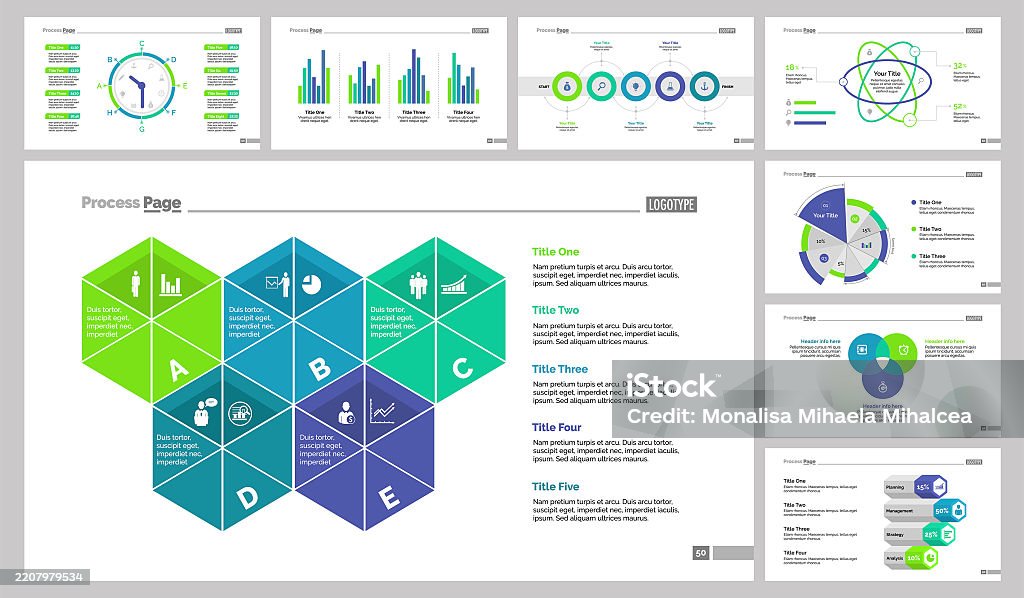 Analytics Layout Design Eight Analytics Slide Templates Set Stock Illustration - Download Image ...