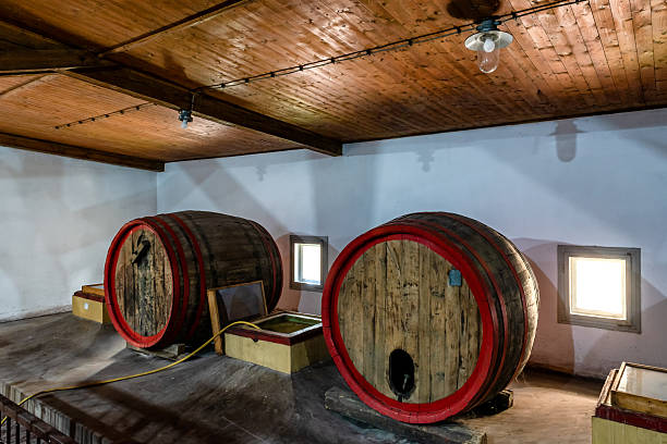 istock Old wine barrels in a wine cellar 2207980346