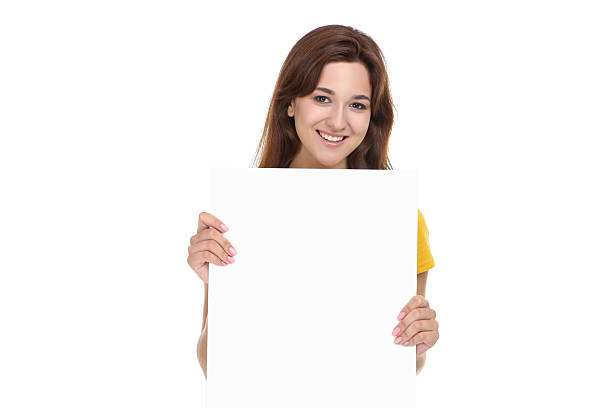 istock Young woman with blank board on white background 2207981521