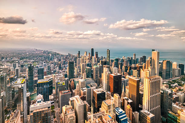 istock Chicago Aerial Skyline View at Sunset with Clouds 2207982791