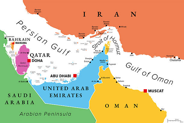 Strait of Hormuz multi colored political map. Waterway between Persian Gulf and Gulf of Oman. Strategically important choke point with Iran to the north and UAE and Oman exclave Musandam to the south.