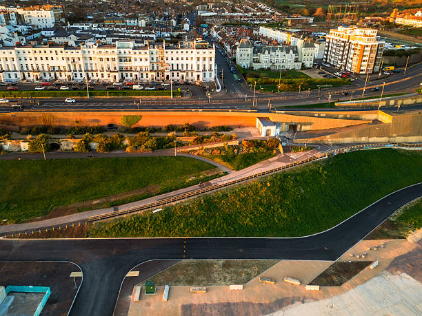 Aerial view of Regency architecture on seafront in Brighton, UK