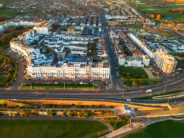 Aerial view of Regency architecture on seafront in Brighton, UK