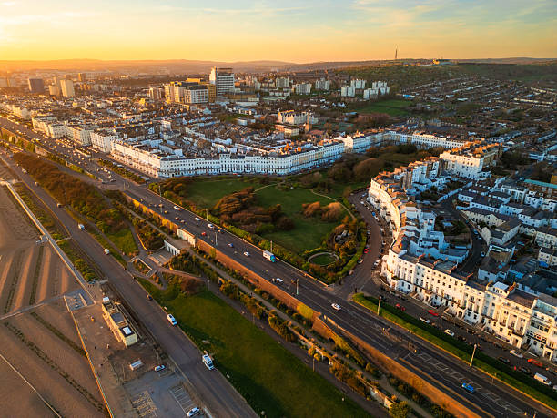 Aerial view of Regency architecture on seafront in Brighton, UK