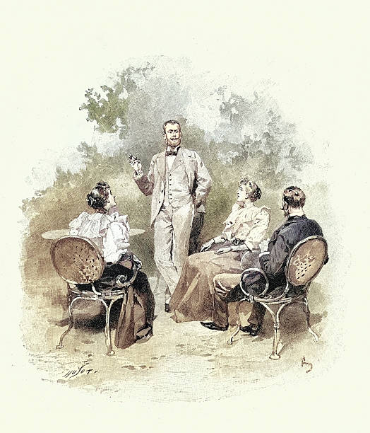 Young couples sitting in garden talking, Victorian, Vintage illustration, 19th Century 1890s
