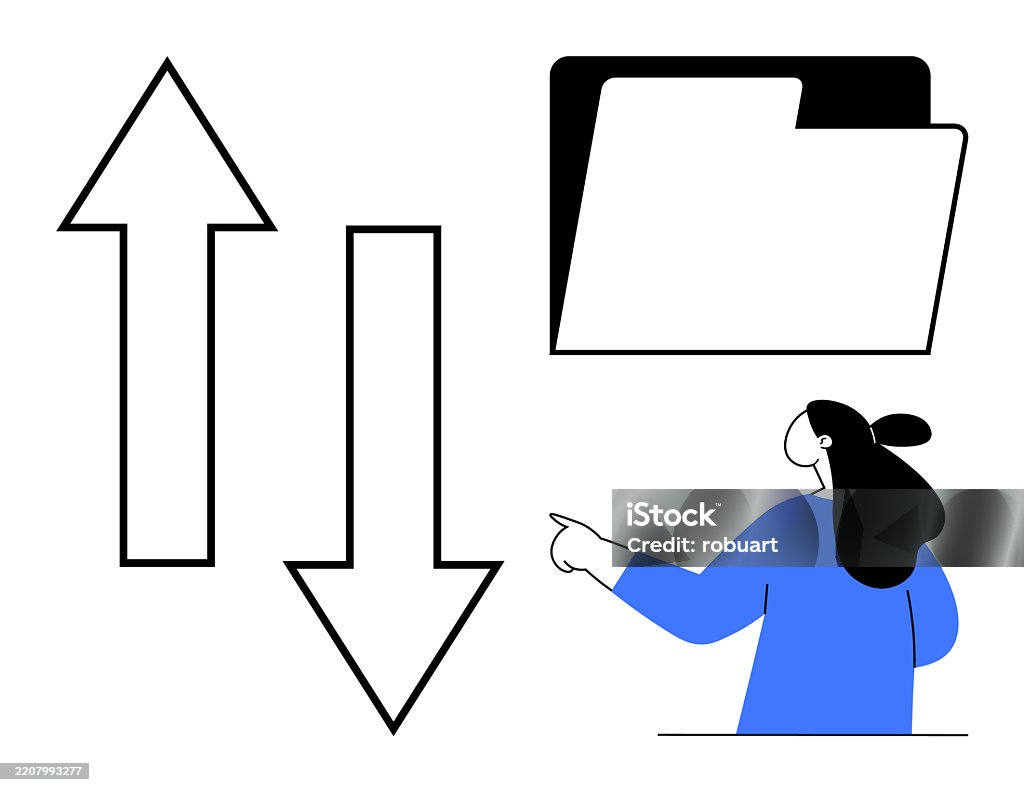 Point Out To File Person Pointing Towards Folder With Up And Down Arrows Indicating Data ...