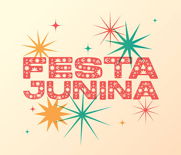 Ornate festa junina logo with bright stars. Laser cutting letters in retro style. Logo or Sign. Design element. Vector illustration.