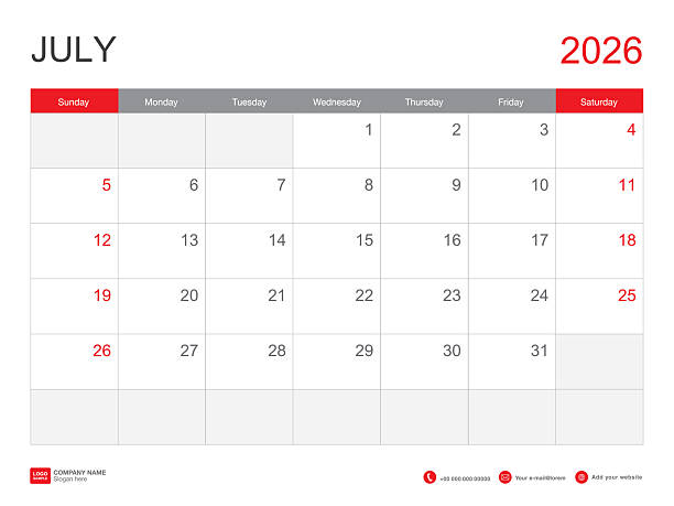istock July 2026 template, Calendar 2026 design, Desk Calendar 2026 template, Planner simple, Week starts Sunday, Stationery, Wall calendar, printing, advertisement, minimal style, vector illustration 2207998925