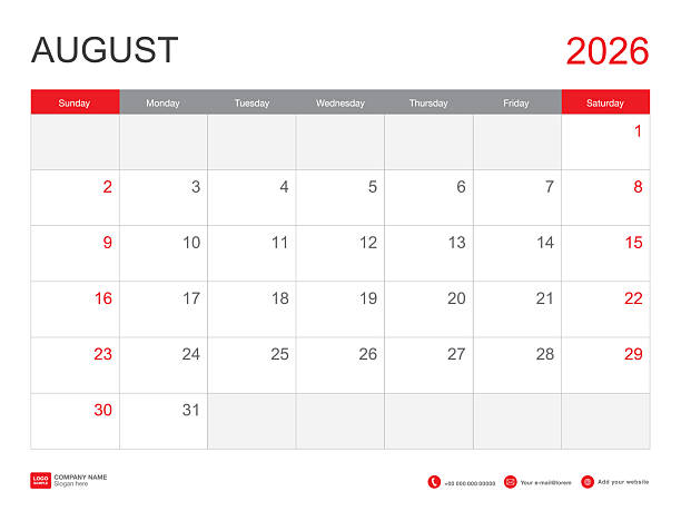 istock August 2026 template, Calendar 2026 design, Desk Calendar 2026 template, Planner simple, Week starts Sunday, Stationery, Wall calendar, printing, advertisement, minimal style, vector illustration 2207998932