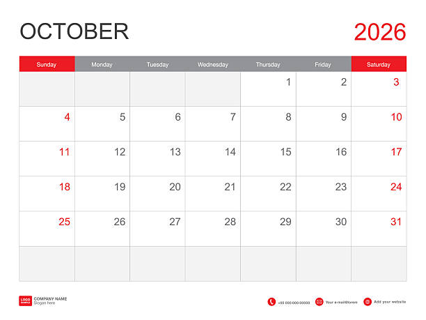 istock October 2026 template, Calendar 2026 design, Desk Calendar 2026 template, Planner simple, Week starts Sunday, Stationery, Wall calendar, printing, advertisement, minimal style, vector illustration 2207998964