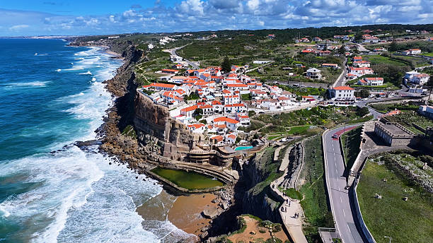 Azenhas Do Mar Beach At Sintra In Lisbon District Portugal. Beach Landscape. Tourism Landmark. Cityscape Scene. Azenhas Do Mar Beach At Sintra In Lisbon District Portugal.