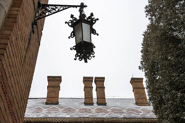 Chernivtsi National University building with ancient street lamp and chimneys in winter, Ukraine.