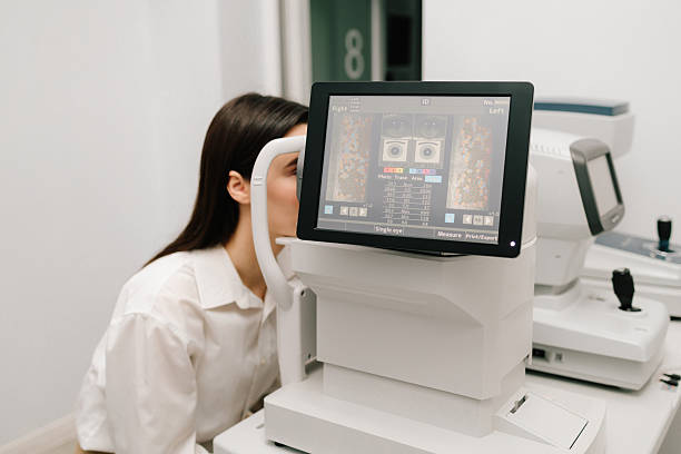 istock Girl undergoes an OCT eye exam using advanced optical coherence tomography equipment. The high-resolution display shows retinal scans, assisting in early diagnosis of eye diseases. 2208005338