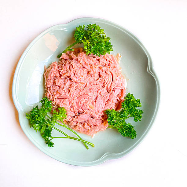 Canned tuna with water with parsley.High angle view of green plate over white background