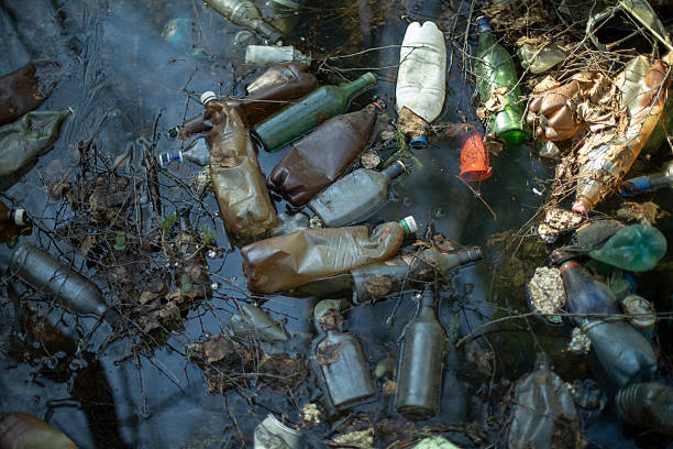 istock Plastic in nature. Garbage in park. Empty bottles in water. 2208009795