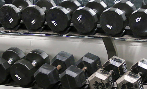 istock Weights Organized on a Rack in a Gym Space 2208012520