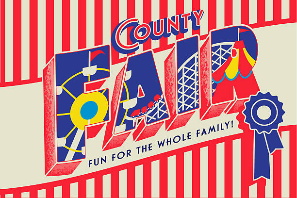 illustrations, cliparts, dessins animés et icônes de modèle de conception de logo coloré de foire de comté avec tente de carnaval, grande roue, montagnes russes et ruban bleu - festival traditionnel