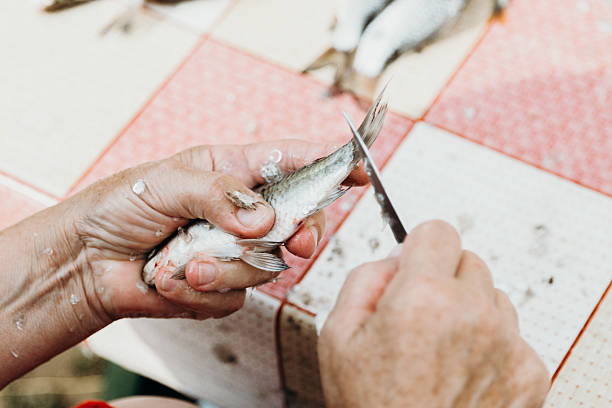 istock An elderly woman cleans fish from scales at the table. 2208018885