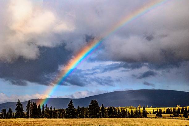 Colorful Rainbow in Stormy Sky at Sunset - Vivid pink sky and colorful rainbow as a rain cloud passes over.