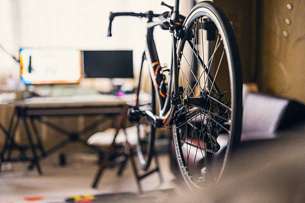 Sustainable transport & sport. Customized commuting bicycle in cosy lived-in home. Still life