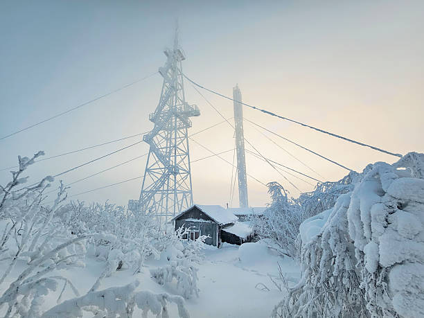 Snow-covered landscape with utility poles against a foggy winter sky in a remote area. Winter hiking in Carpathian Mountains, Ukraine