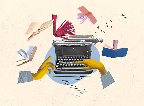istock Pop art collage. Female hand typing on retro typewriter over creative design background. 2208039112