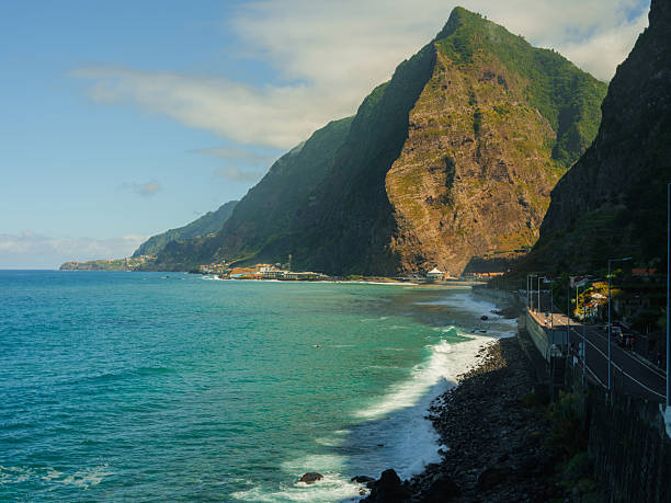 Scenic view of sunny seaside and cliffs on Madeira island, Portugal
