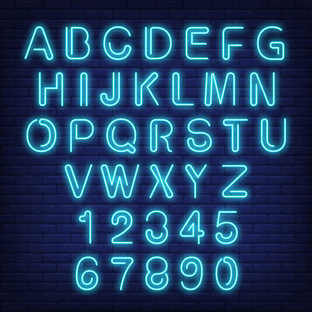 istock English alphabet and numbers. Neon sign with blue letters 2208044553