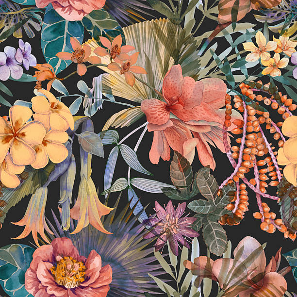 istock Seamless tropical pattern with exotic leaves and flowers. Tropical wallpaper painted watercolor 2208044789