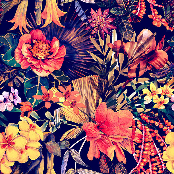 istock Seamless tropical pattern with exotic leaves and flowers. Tropical wallpaper painted watercolor 2208044852