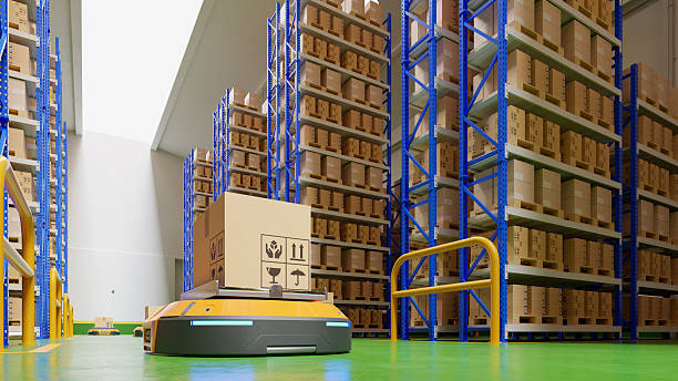 istock A futuristic warehouse powered by automated guided vehicles (AGVs), efficiently transporting and sorting packages- 3D rendering 2208046488