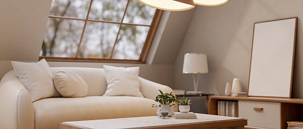 istock Fabric sofa with cushion and table under warm lamp light in living room or study room. Cosy Interior 2208049131