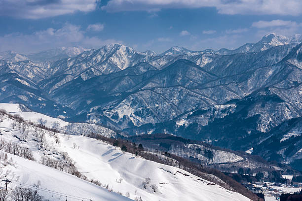 istock Snowy landscape with distant, jagged mountain peaks on a sunny day 2208050806