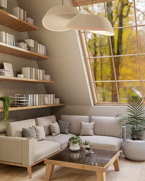 istock Fabric sofas with cushion and table under roof window in living room or study room. Cosy Interior. 2208051494