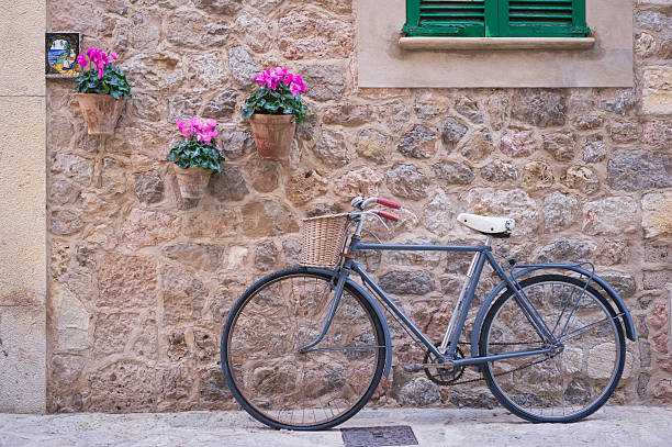 istock Vintage Bicycle and Flowers Against a Stone Wall 2208057296