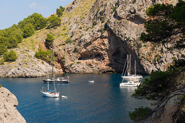 Sailboats Anchored in a Secluded Coastal Cove with Cliffs