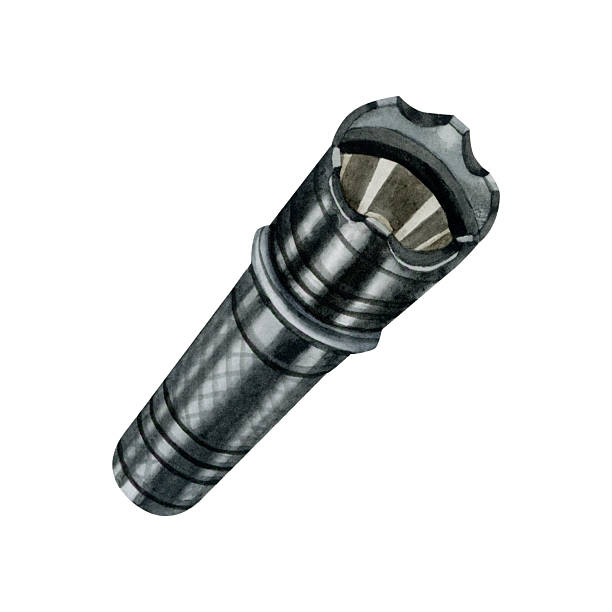 istock Black tactical military flashlight watercolor illustration isolated on white. Metal LED electric camping equipment realistic sketch clipart for hiking designs 2208064693