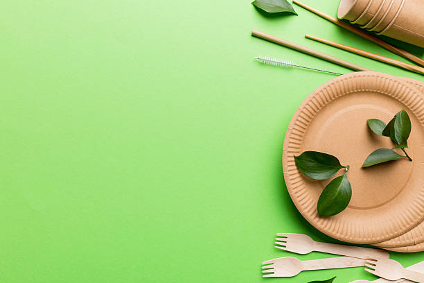 istock set of empty reusable disposable eco-friendly plates, cups, utensils on light white colored table background. top view. Biodegradable craft dishes. Recycling concept. Close-up 2208065879
