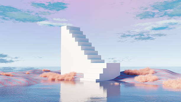 istock 3D render, Surreal landscape with minimal staircase rising over pastel desert and reflective water 2208066812