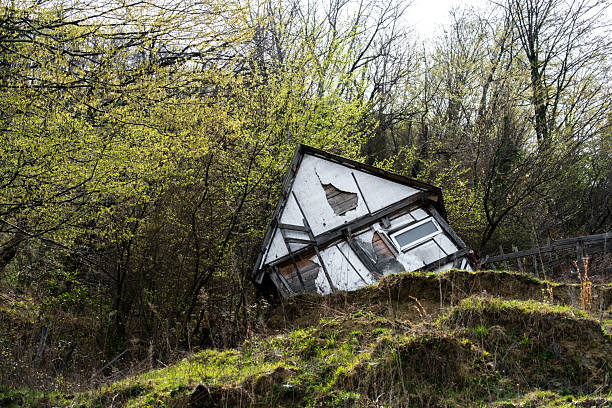 Abandoned condemned dilapidated house with overgrown brush.