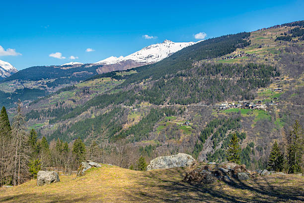 istock Mountainous landscape with snow-capped peaks bacground in alpine valley under blue sky 2208074585