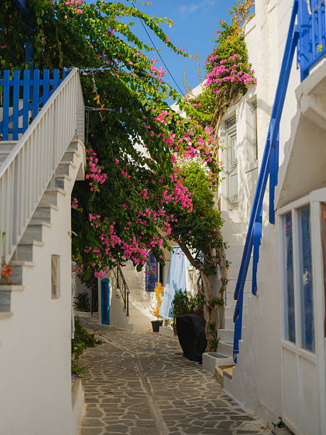 Quaint empty streets on Mykonos island in Greece  in summer